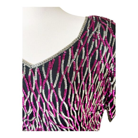 Roamans Silver/Hot Pink 80s VTG Wavy Sequin Maxi Dress Scallop Hem Sz B2=L - Picture 2 of 7